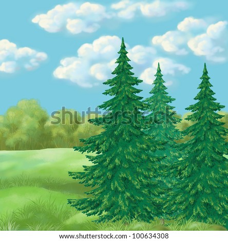 Picture, hand-draw oil paints: landscape, green summer forest