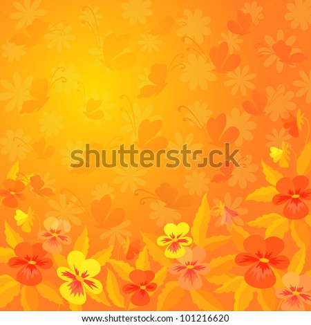 Abstract red, orange, and yellow background: pansies flowers and butterflies silhouettes