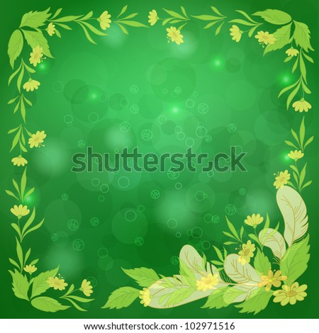 Abstract floral background: leaves, flowers, feathers and circles on green