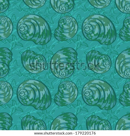 Seamless background, pattern with marine seashells and starfish contours.