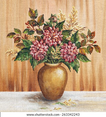 Picture Oil Painting on a Canvas, a Bouquet of Dahlias in a Clay Vase