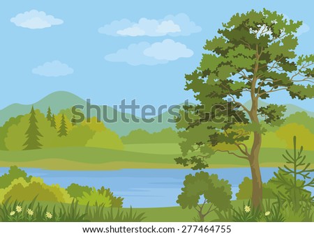 Landscape with Pine, Fir Trees, Grass and Flowers on the Shore of a Mountain Lake under a Blue Cloudy Sky. Vector