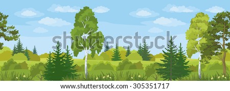 Seamless Horizontal Summer Landscape, Forest with Pines, Birches and Fir Trees, Flowers, Green Grass and Blue Sky with Clouds.