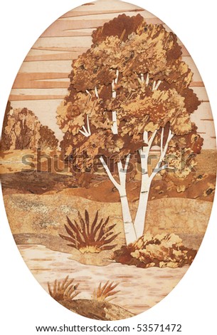 Manual job: application from the right and side slices of an underside of a birch bark: a oval landscape with a birch