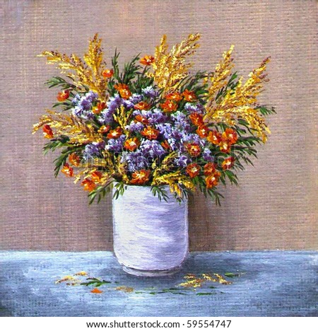 Picture oil paints on a canvas: a bunch of trollius in a white vase