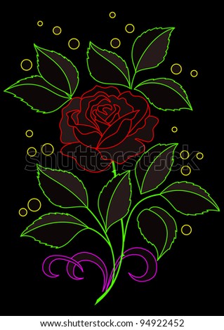 Flower rose with leaves and confetti. Colored silhouettes on black background. Vector
