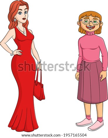 cartoon vector illustration of a beautiful and ugly girl
