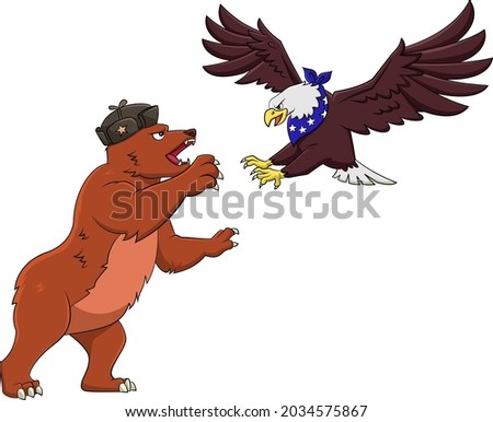 Cartoon vector illustration of a Russian bear vs American eagle