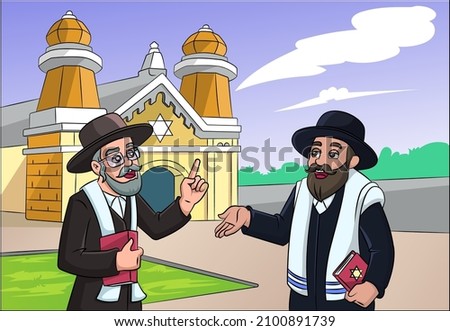 Cartoon vector illustration of Jews outside a synagogue