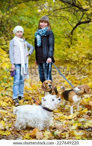 girls walking in the park with dogs
