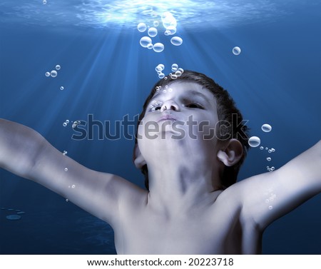 An underwater scene with sun rays shining on a boy trying to reach the surface