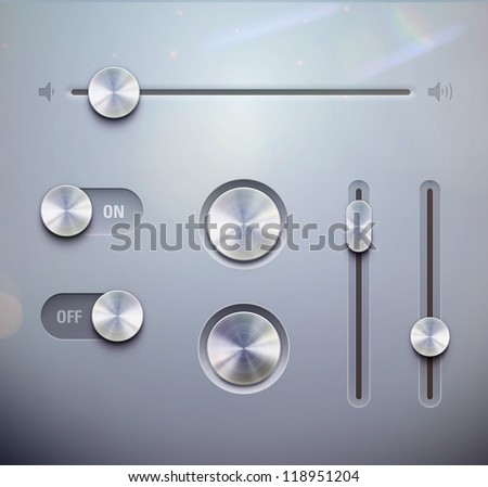 Vector illustration set of the detailed UI elements Ã?Â¢?? knob, switches and slider in metallic style. Good for your websites, blogs or applications.