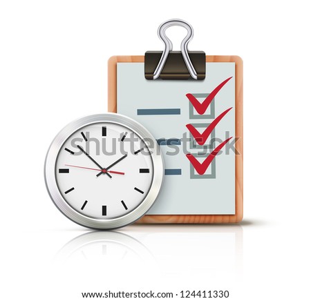 Vector illustration of timing concept with classic office clock and check list on clipboard isolated on white background