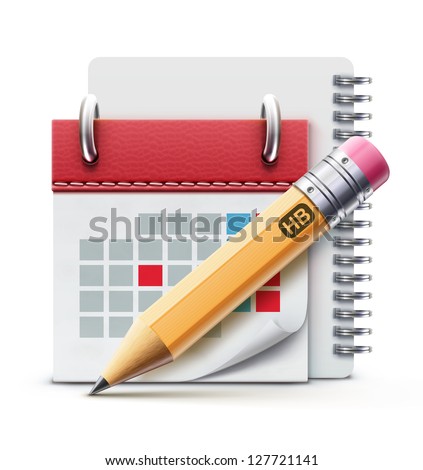 Vector illustration of beautiful calendar icon, spiral notebook and detailed pencil