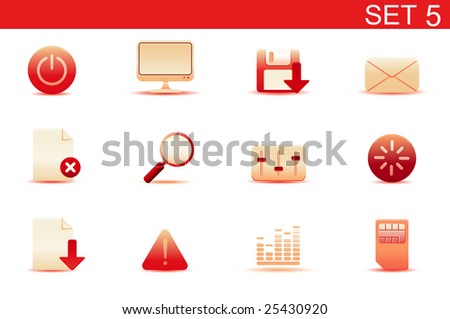 Vector illustration -  set of red elegant simple icons for common computer and media devices functions. Set-5