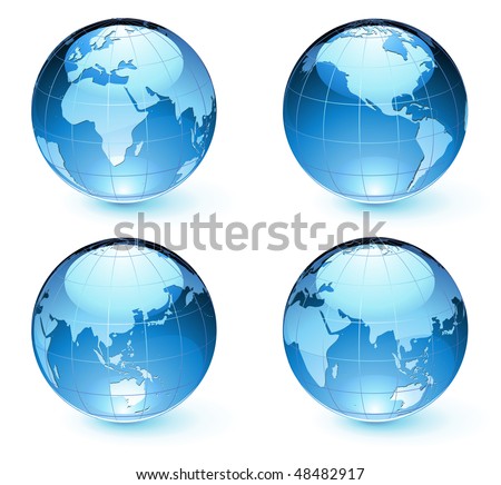 Vector Illustration Of Blue Glossy Earth Map Globes Different Angles ...