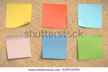 Vector illustration of multicolor post it notes on detailed cork bulletin board.