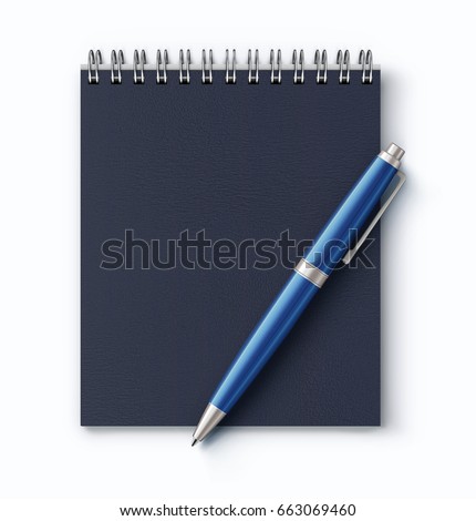 Vector illustration of top view of closed spiral faux leather cover notebook with detailed blue classic ballpoint pen on white desk background