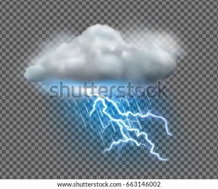 Vector illustration of cool single weather icon with cloud, heavy fall rain and lightning on transparent background 