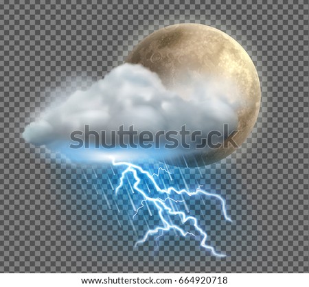 Vector illustration of cool single weather icon with night moon, cloud, heavy fall rain and lightning on transparent background