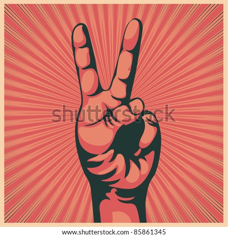 Vector illustration in retro style of a hand with victory sign
