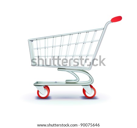 Vector illustration of side view empty supermarket shopping cart isolated on white background.