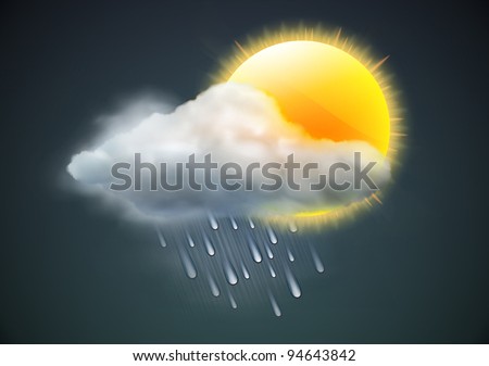 Vector illustration of cool single weather icon - sun with raincloud and raindrops in the dark sky