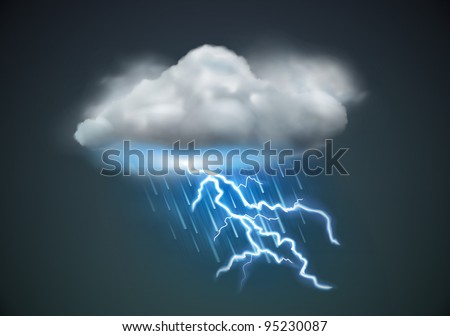 Vector illustration of cool single weather icon - cloud with heavy fall rain and lightning in the dark sky
