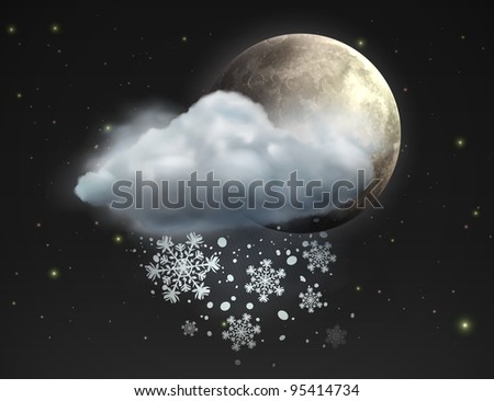 Vector illustration of cool single weather icon - moon with cloud and snow in the night sky