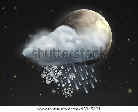 Vector illustration of cool single sleet weather icon â?? moon with cloud, snow and rain in the night sky