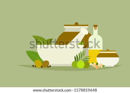 llustration of mortar, herbal ingredients and traditional utensils.