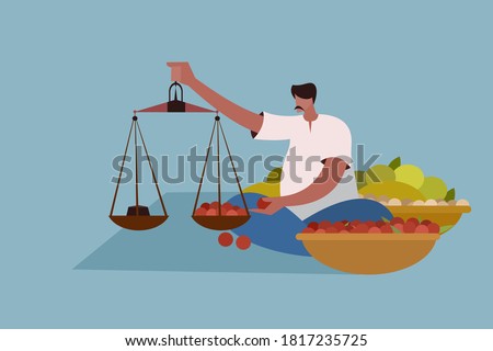 Vegetable seller weighing the vegetables in the market. A scene from Indian market