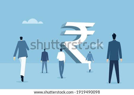 Business people walking towards a big Indian rupee structure 