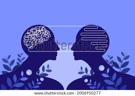 Conceptual illustration of complex thoughts inside one brain is getting simplified in another