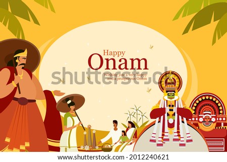 Onam festival background with King Mahabali and traditional art forms. Onam is a harvest festival in Kerala, India