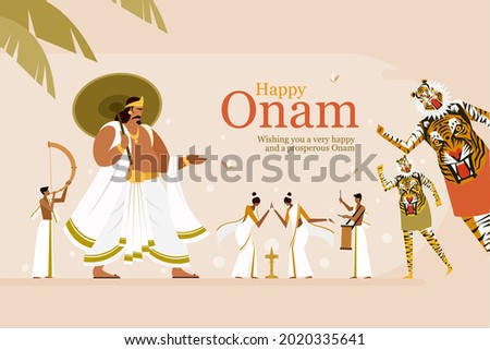 Onam festival greeting background with King Mahabali and traditional art forms. Onam is a harvest festival in Kerala, India