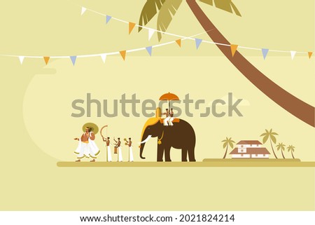 Conceptual illustration of King 'Mahabali' walking with people playing percussion instruments and and an elephant. Concept for Onam Festival in Kerala, India