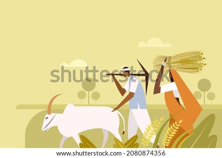 Illustration of a man and a woman of Indian ethnicity walking along with a bullock through the farm