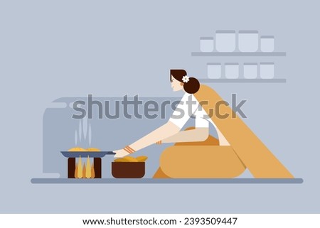 Illustration of an Indian woman making food in traditional way on a fire stove
