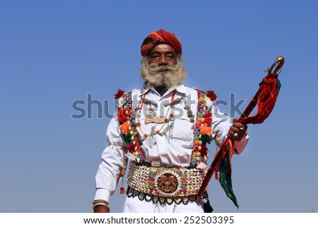 JAISALMER, INDIA - FEB 01: A traditional Rajasthani man participates in the Mr. Desert contest  conducted as part of Desert Festival held on February 01, 2015 in Jaisalmer, Rajasthan, India.