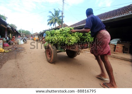 ALLEPPEY, INDIA -NOV 06: An unidentified worker pushes a cart full of plantain through the vegetable market on November 06, 2011 in Alleppey,Kerala, India. Plantain is the most popular fruit in the state of Kerala.