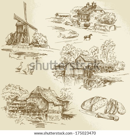 hand drawn collection of watermill and windmill