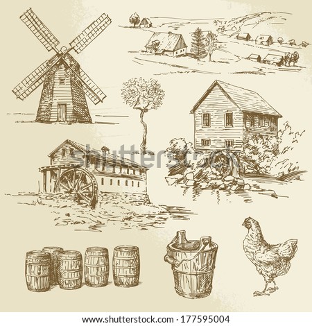 watermill and windmill - hand drawn illustration