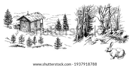 Wooden hut in the forest, idyllic landscape, hand drawn set