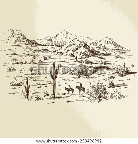 American wild west desert with cowboys - hand drawn illustration
