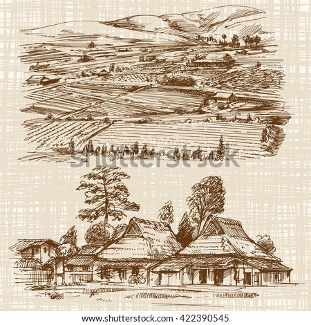 Asian landscape with rural houses. Hand drawn illustration.