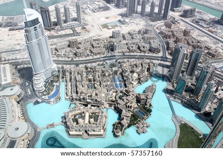 The top view on Dubai from the highest tower in the world, Burj Khalifa (828 metres). United Arab Emirates.