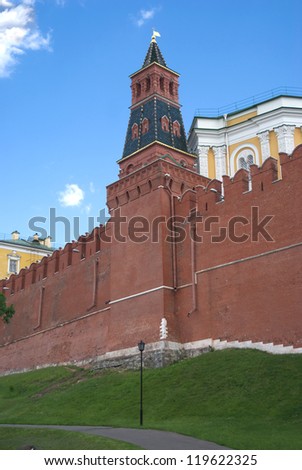 Moscow Kremlin wall and tower in Alexander Garden in Moscow summer day vertical view