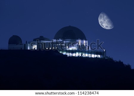 Griffith Observatory at Night. Clear Sky with Stars and the Moon. Science Photography Collection. Griffith Observatory Los Angeles, California USA.
