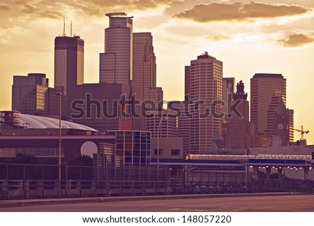 Minneapolis Skyline in Ultraviolet Color Grading. Minneapolis, Minnesota, USA.